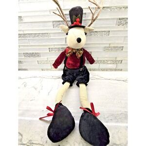 24" Christmas Shelf Sitter Reindeer‎ Plush Red Velvet Vest Antlers Top Hat Bow